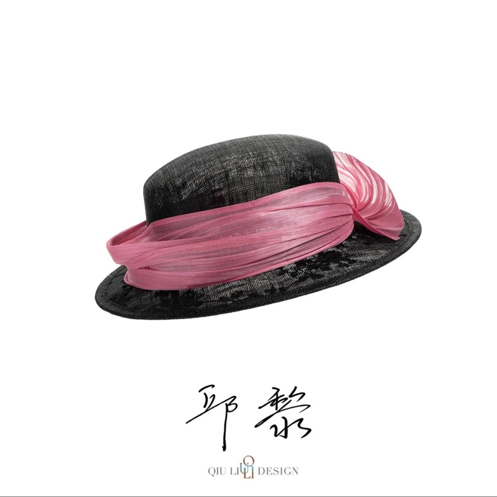 Black Hat with Pink Ribbon